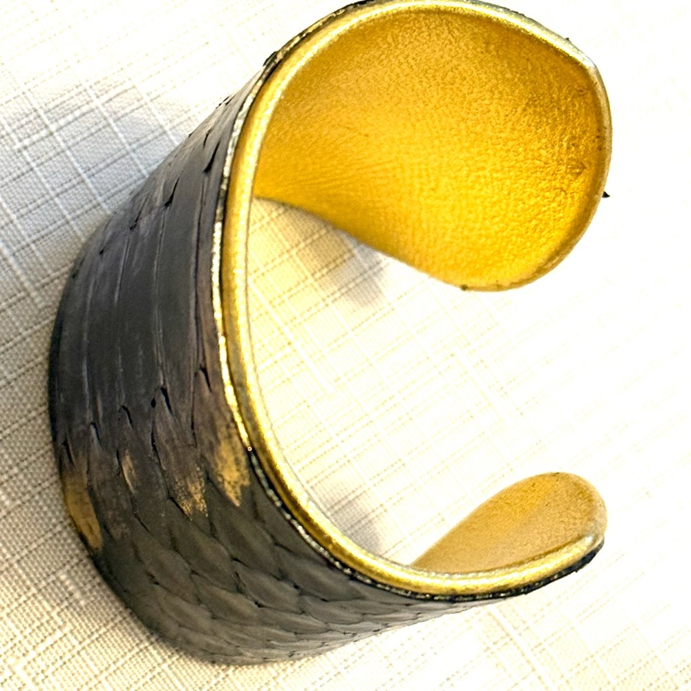 LEMA J Textured Metallic Snake-Scale Leather Cuff Bracelet in Black & Gold